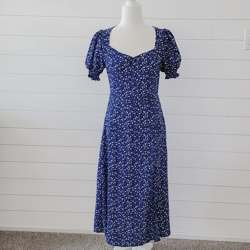 Puff Sleeve Split Midi Dress